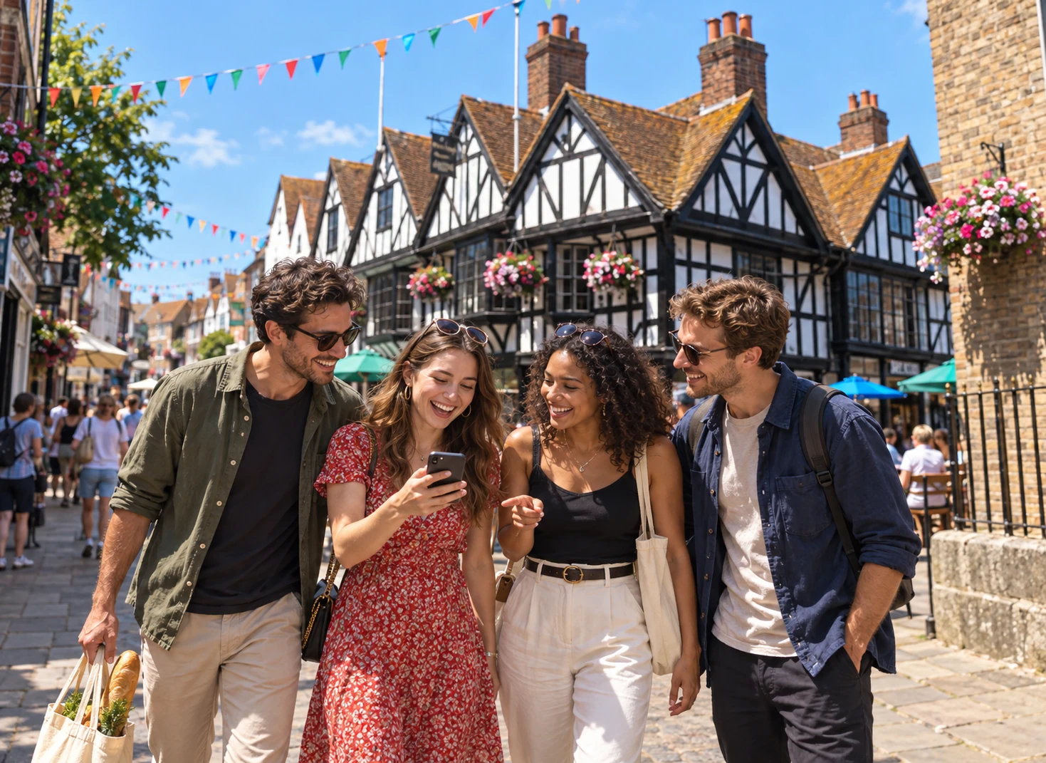 Friends exploring Canterbury streets on a Mystery Picnic group day out