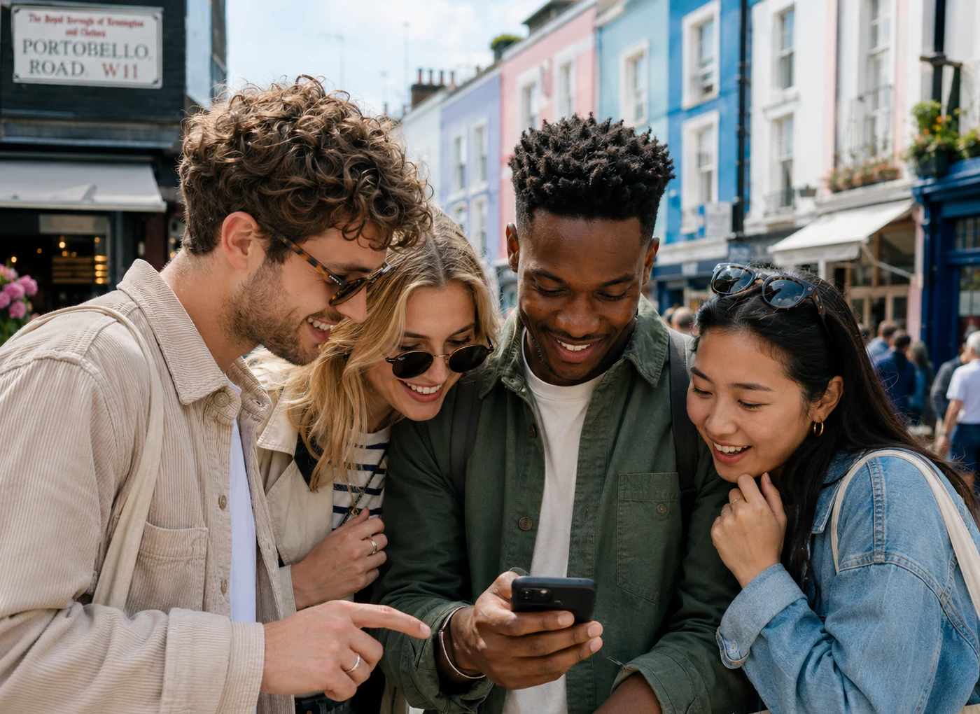Friends solving a Mystery Picnic clue together in Notting Hill