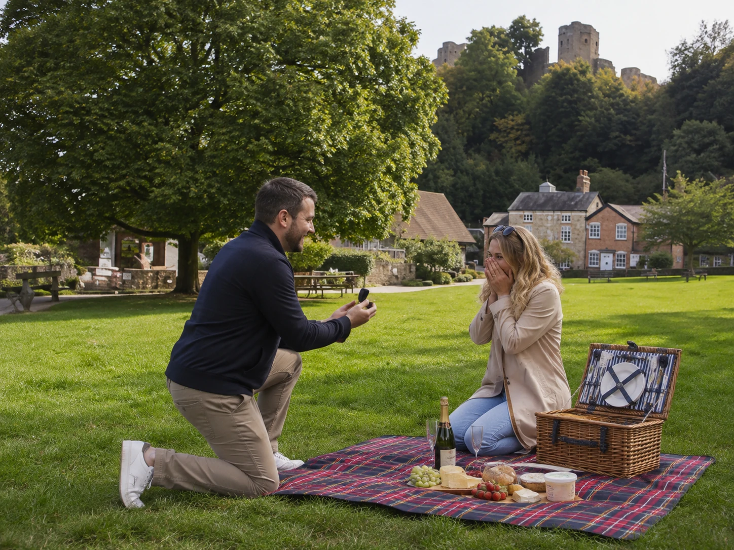 Couple enjoying a romantic Mystery Picnic proposal